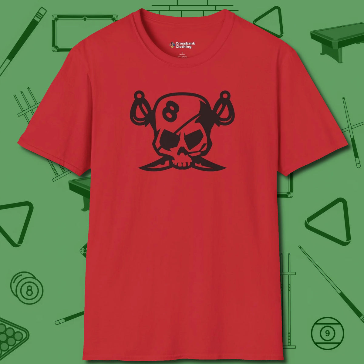 Eight Ball Pirate Skull T-Shirt, front view, in Red what champions wear between racks