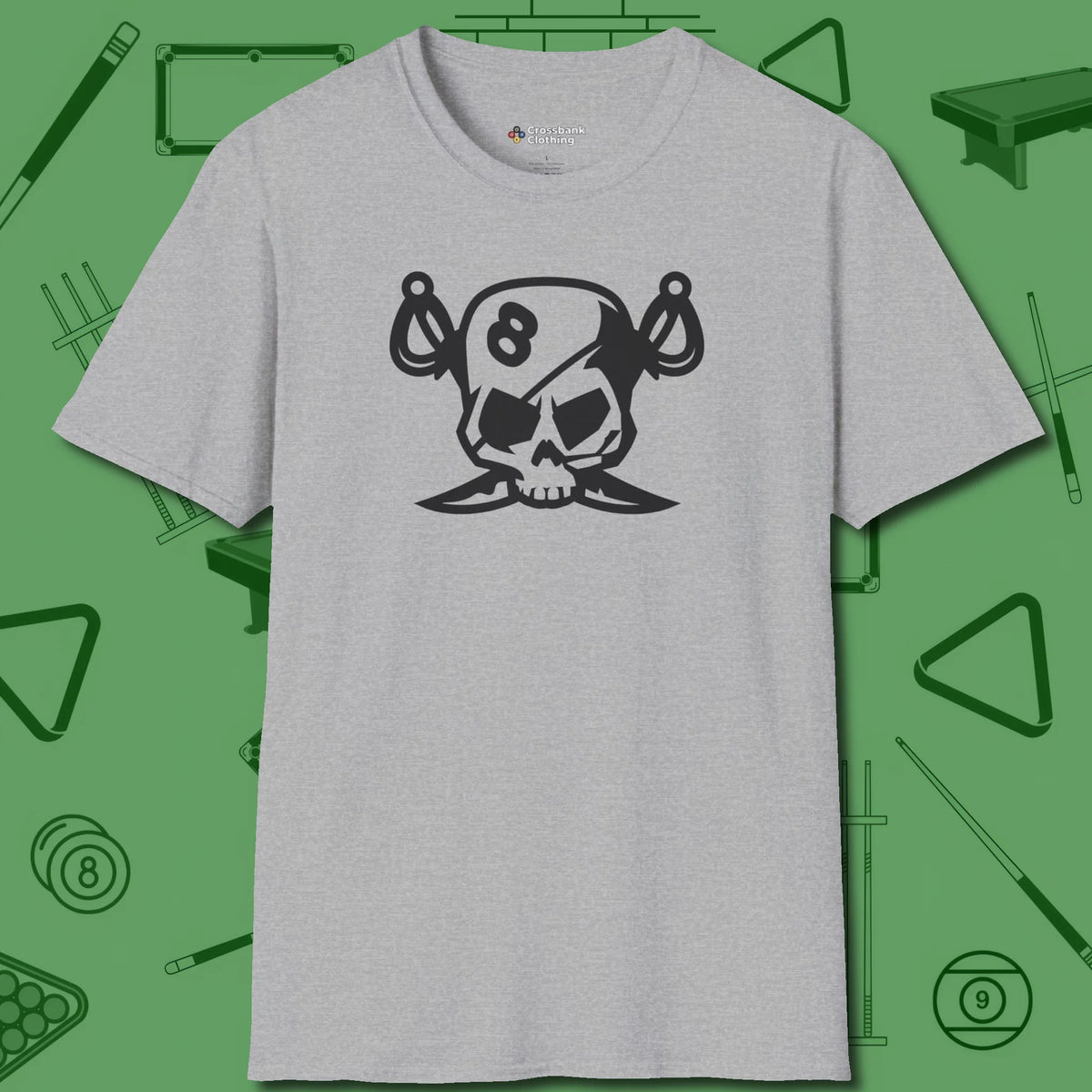 Eight Ball Pirate Skull T-Shirt, front view, in Sport Grey for players who live the game