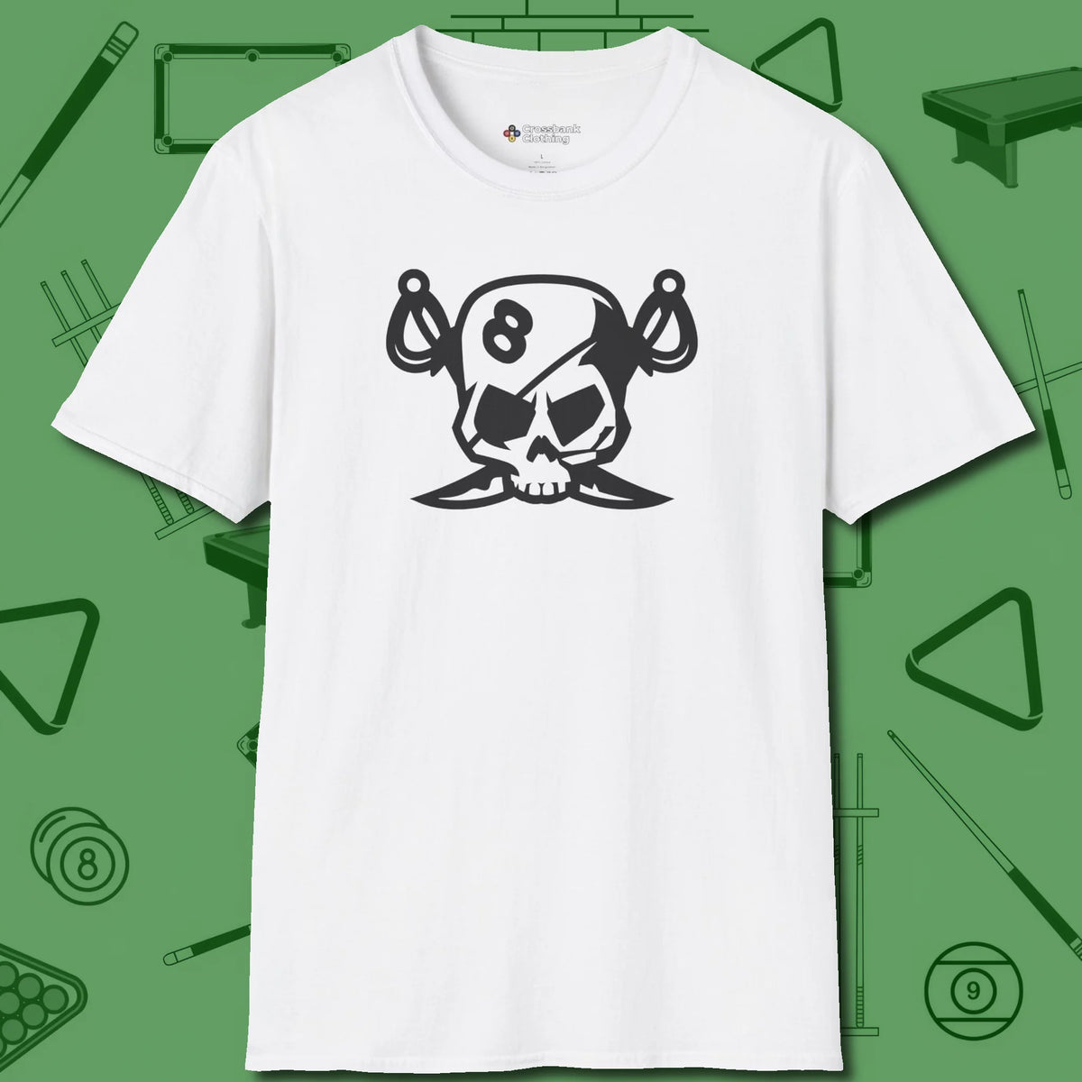 Eight Ball Pirate Skull T-Shirt, front view, in White cool under pressure, hot on the eyes