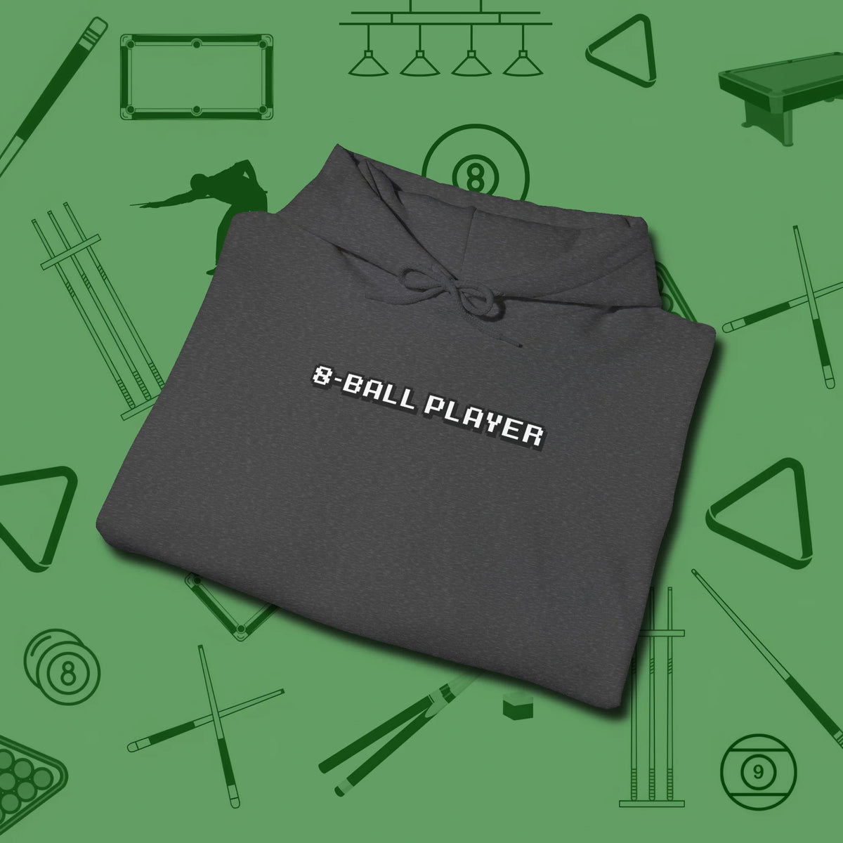 8 Ball Hoodie, folded view, in Dark Heather for shooters who dress like they play: sharp