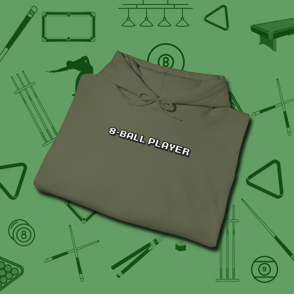 8 Ball Hoodie, folded view, in Military Green poolroom style with tournament attitude