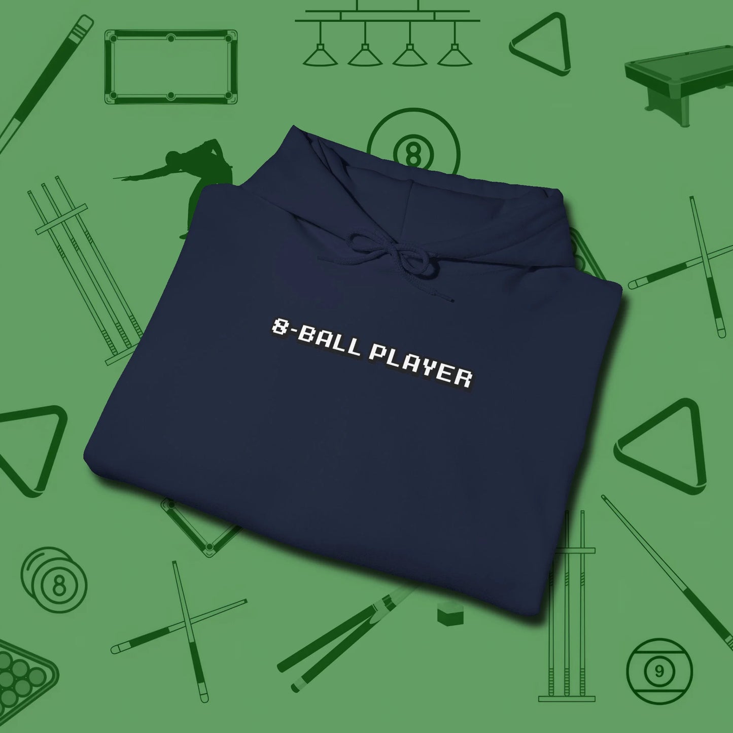 8 Ball Hoodie, folded view, in Navy play in style, win in silence