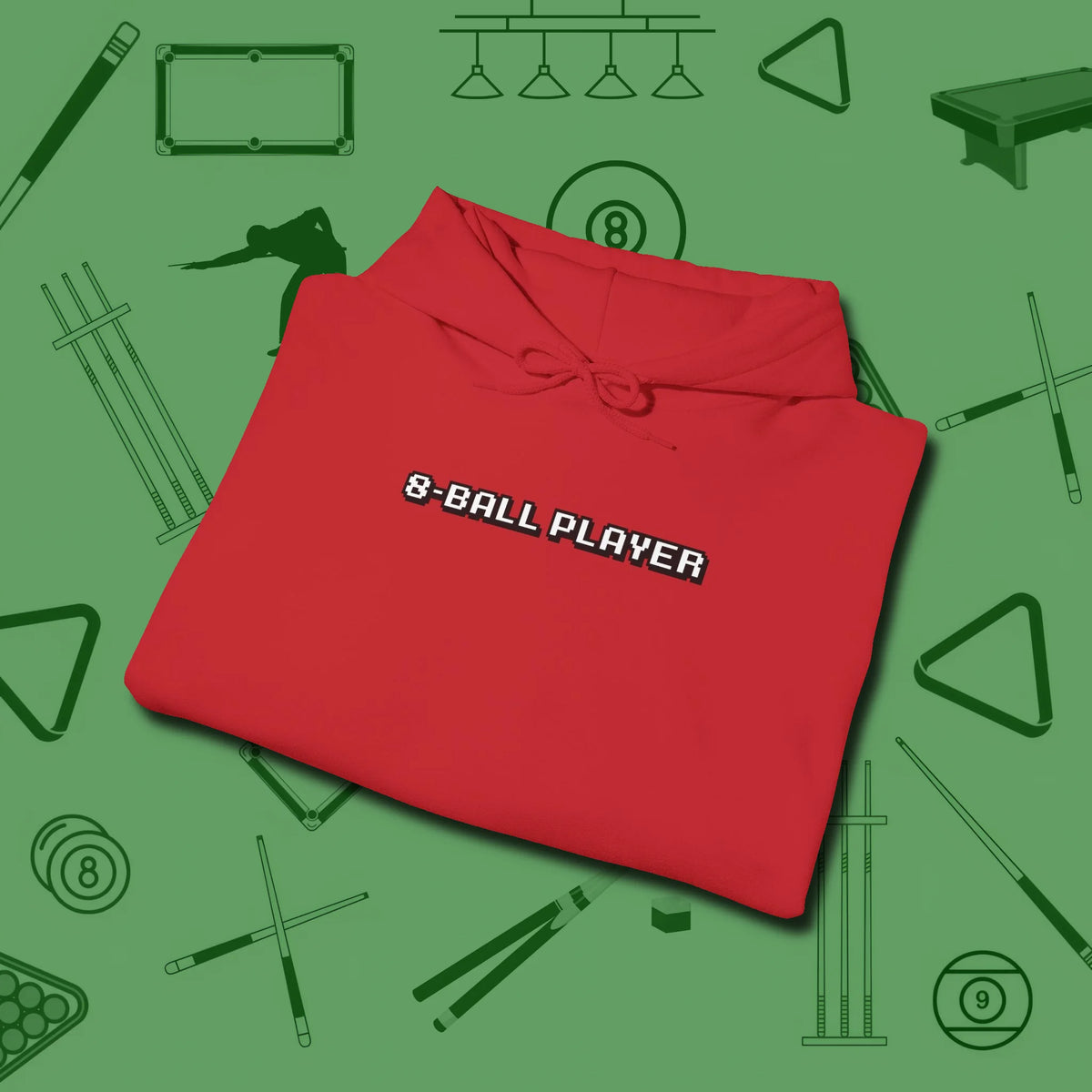 8 Ball Hoodie, folded view, in Red it’s not a hobby — it’s a lifestyle