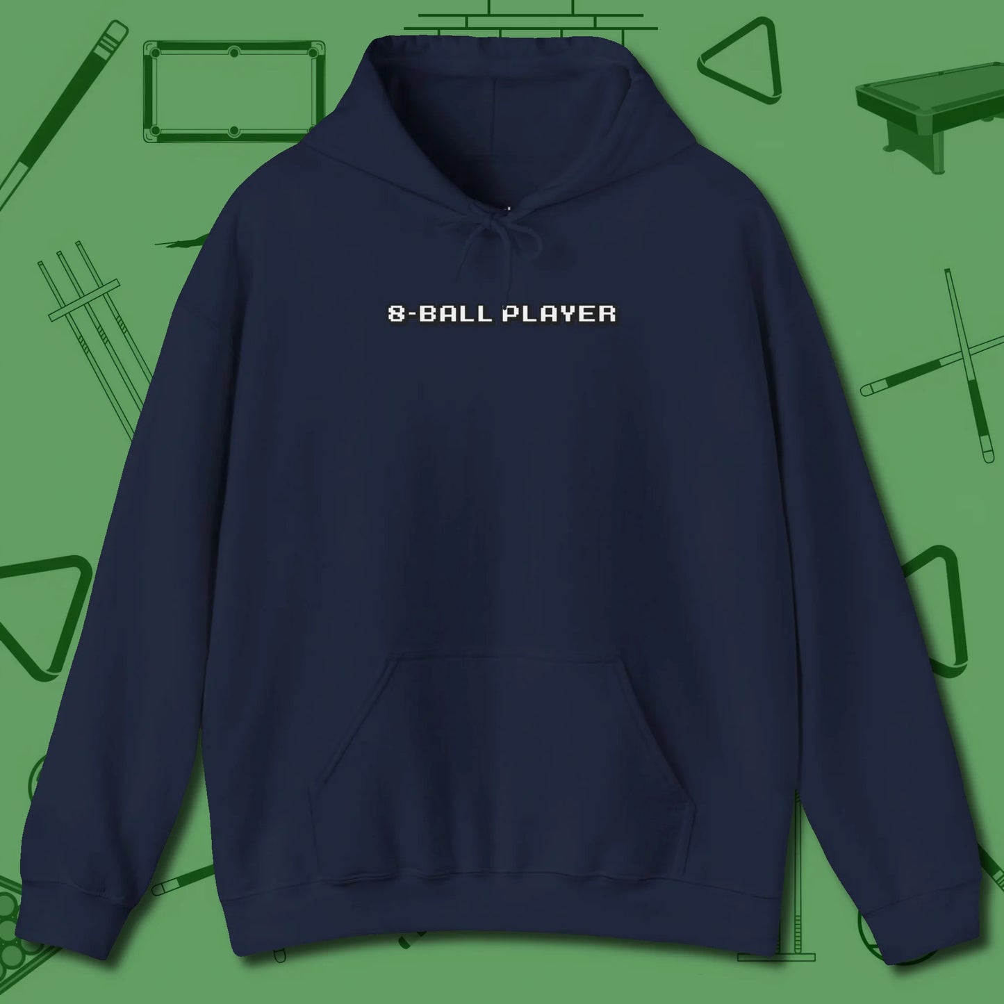 8 Ball Hoodie, front view, in Navy your secret weapon off the table
