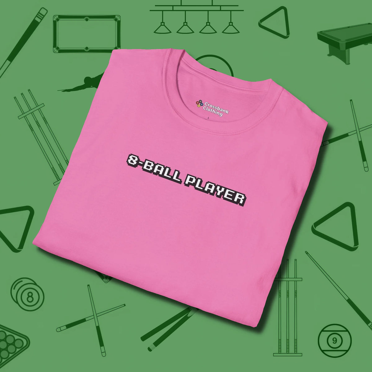 8 Ball T-Shirt, folded view, in Azalea helps your stroke and your style