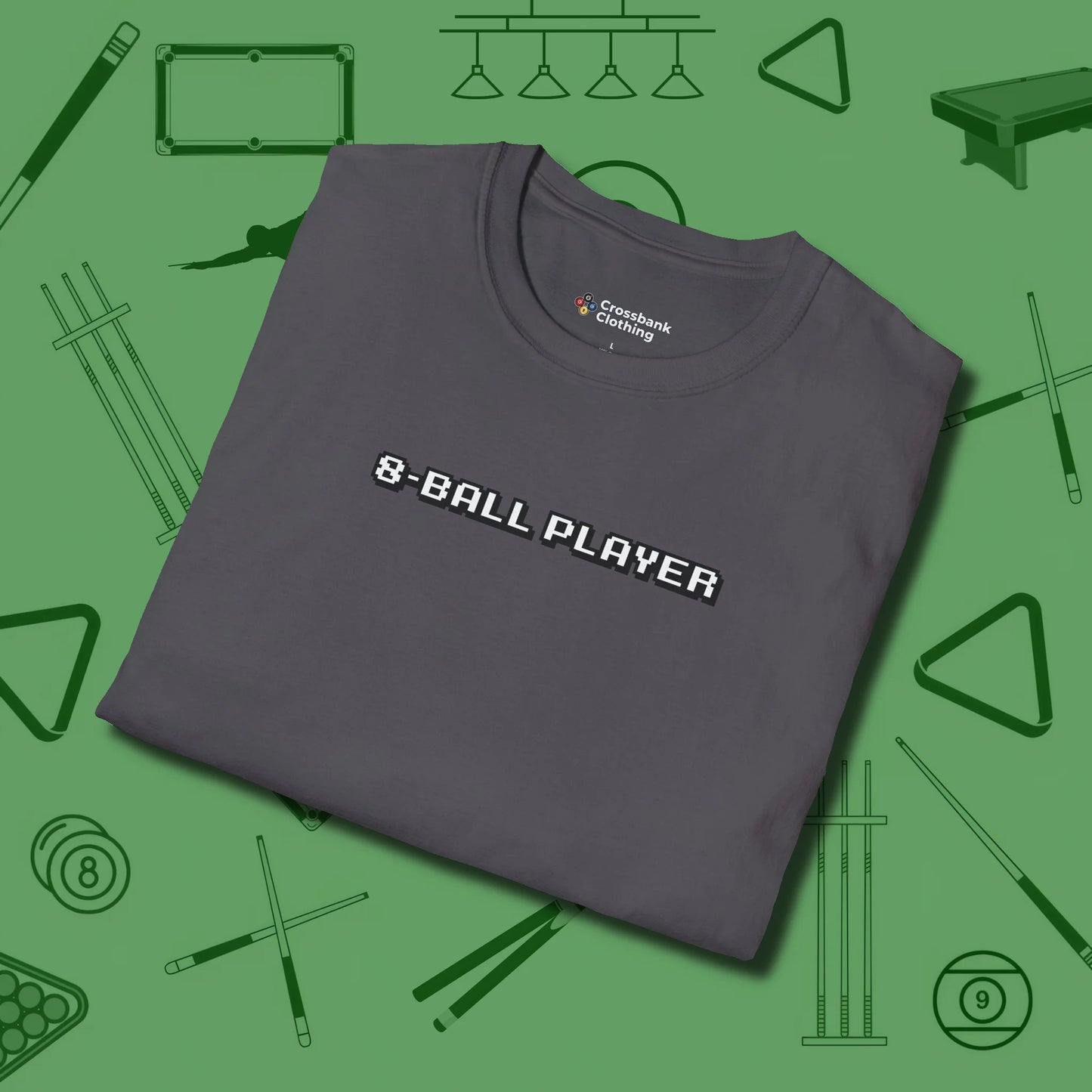 8 Ball T-Shirt, folded view, in Charcoal where cue control meets personal style