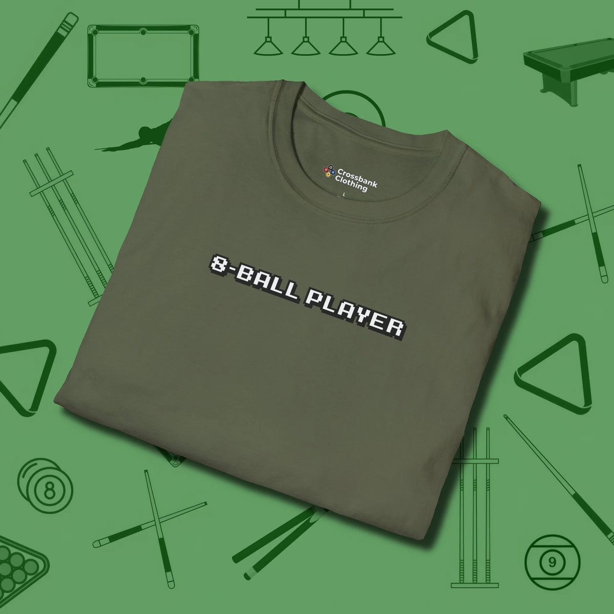 8 Ball T-Shirt, folded view, in Military Green designed for dead stroke and deadpan looks