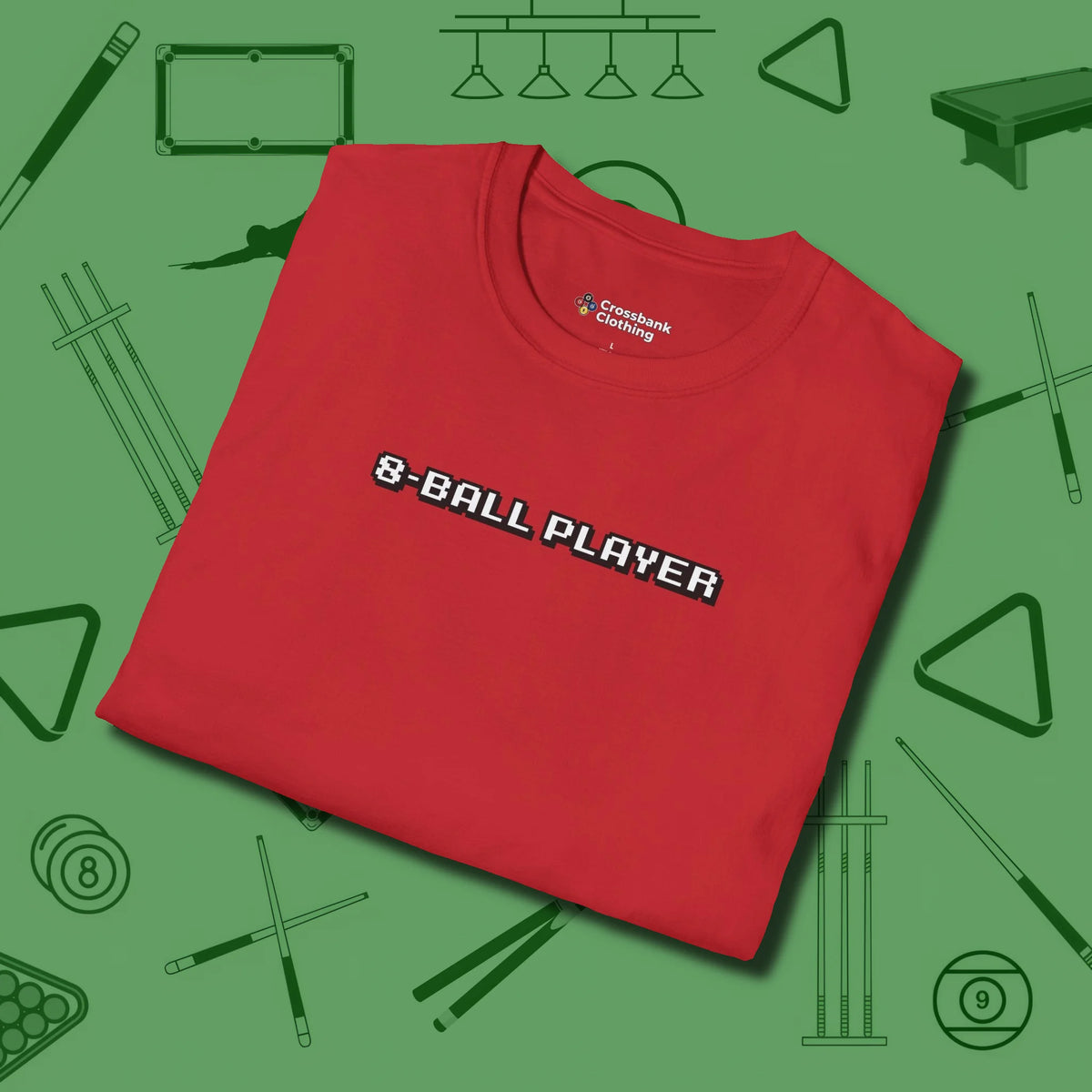 8 Ball T-Shirt, folded view, in Red look good while calling your pocket
