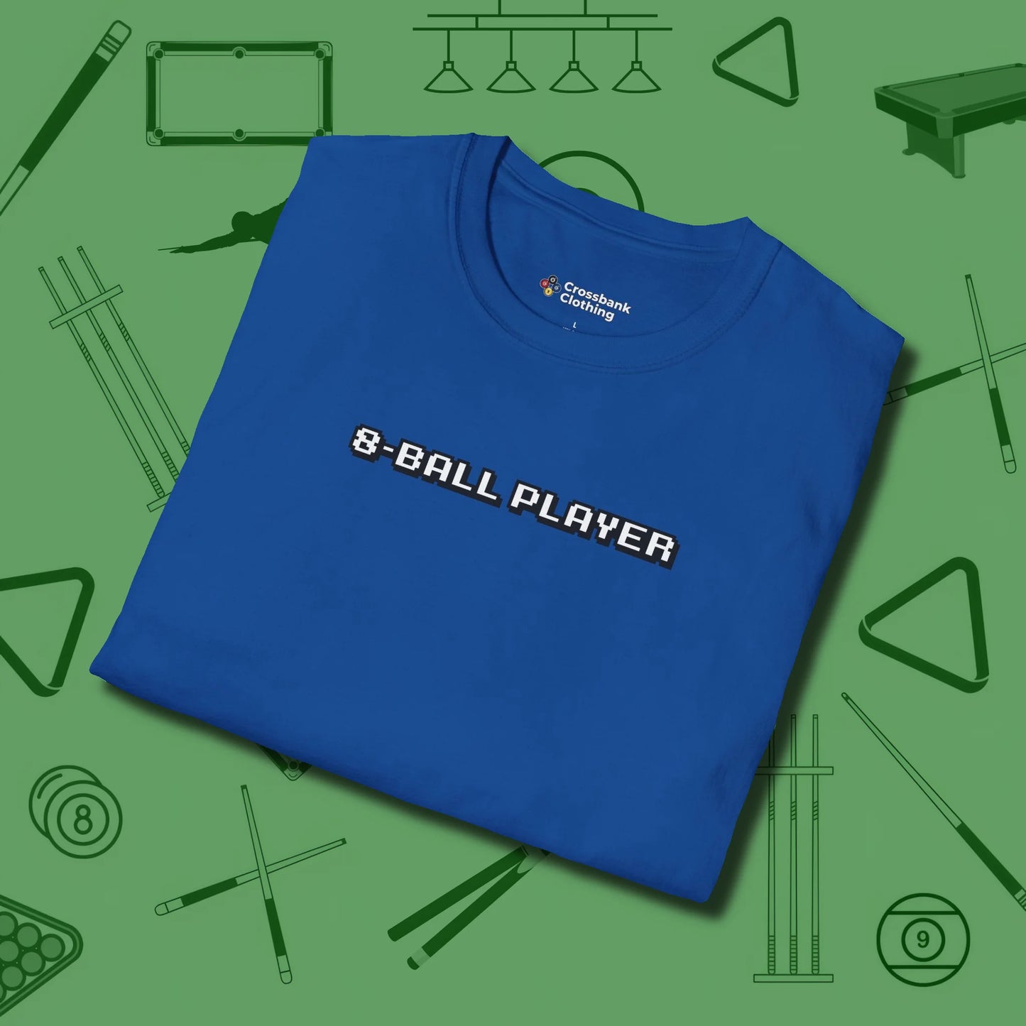 8 Ball T-Shirt, folded view, in Royal like your stroke — smooth and deliberate