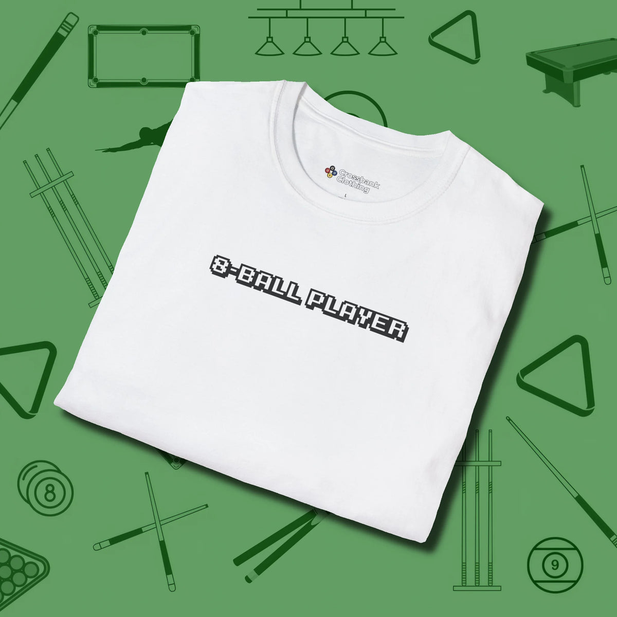 8 Ball T-Shirt, folded view, in White confidence stitched in every seam