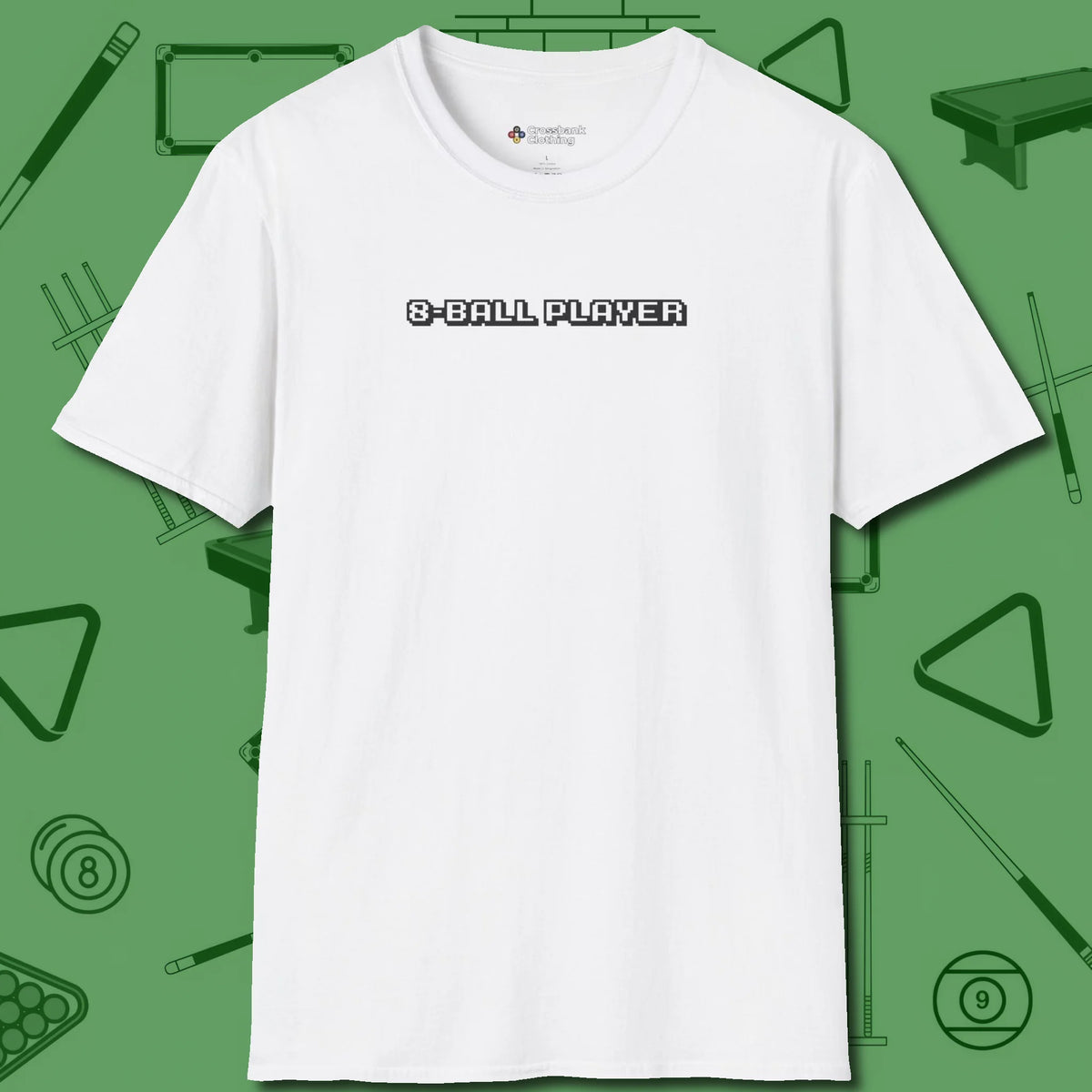 8 Ball T-Shirt, front view, in White for shooters who dress like they play: sharp