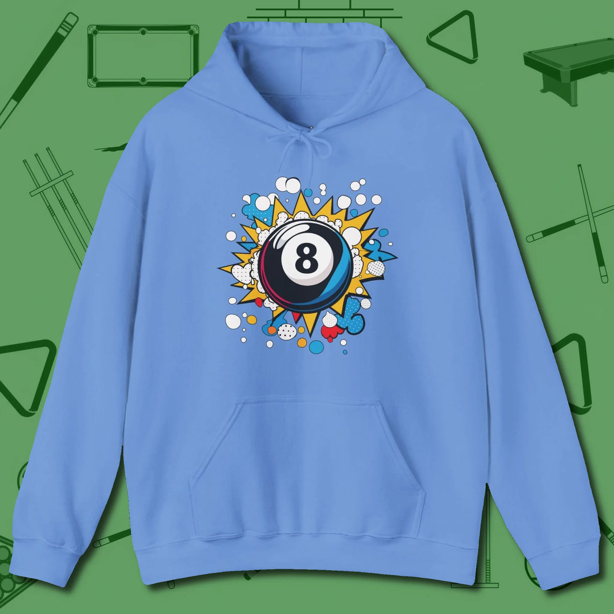 Eight Ball Pop Art Hoodie, front view, in Carolina Blue styled to dominate from rack to run-out