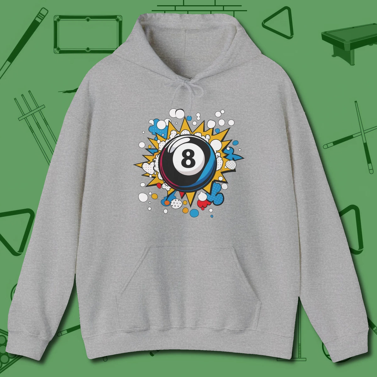 Eight Ball Pop Art Hoodie, front view, in Sport Grey designed for dead stroke and deadpan looks