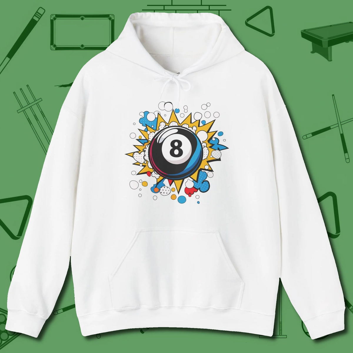 Eight Ball Pop Art Hoodie, front view, in White because the table is your battlefield