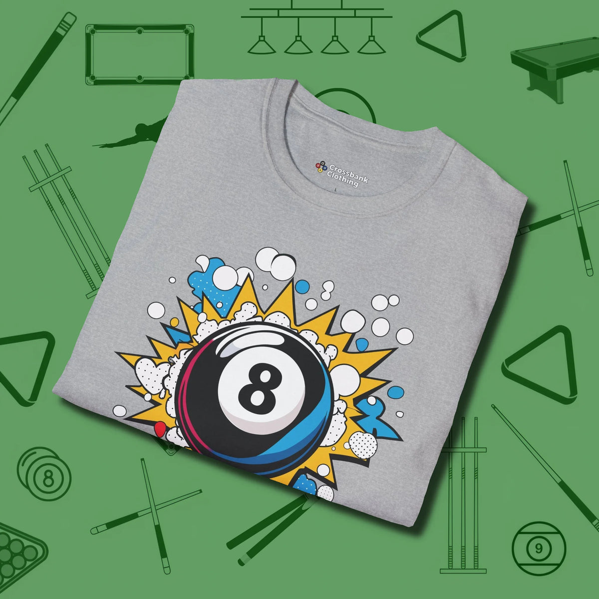 Eight Ball Pop Art T-Shirt, folded view, in Sport Grey the shirt that plays position
