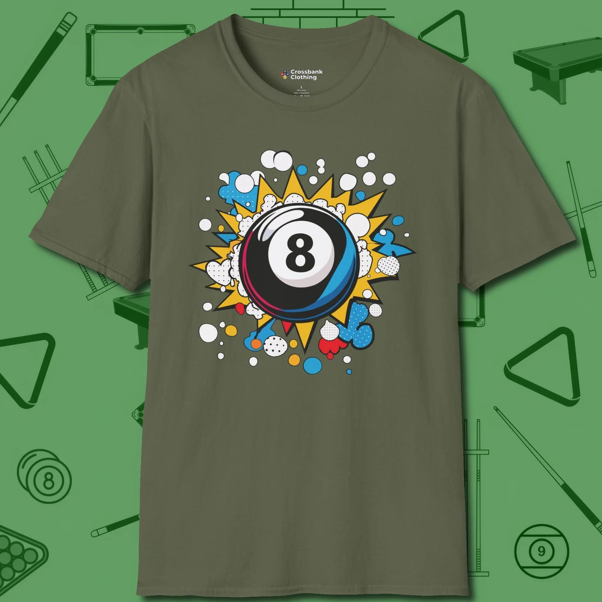 Eight Ball Pop Art T-Shirt, front view, in Military Green put your best game on display