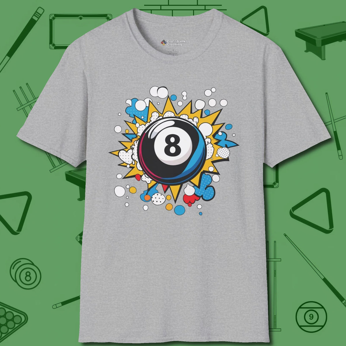 Eight Ball Pop Art T-Shirt, front view, in Sport Grey what the real shooters wear