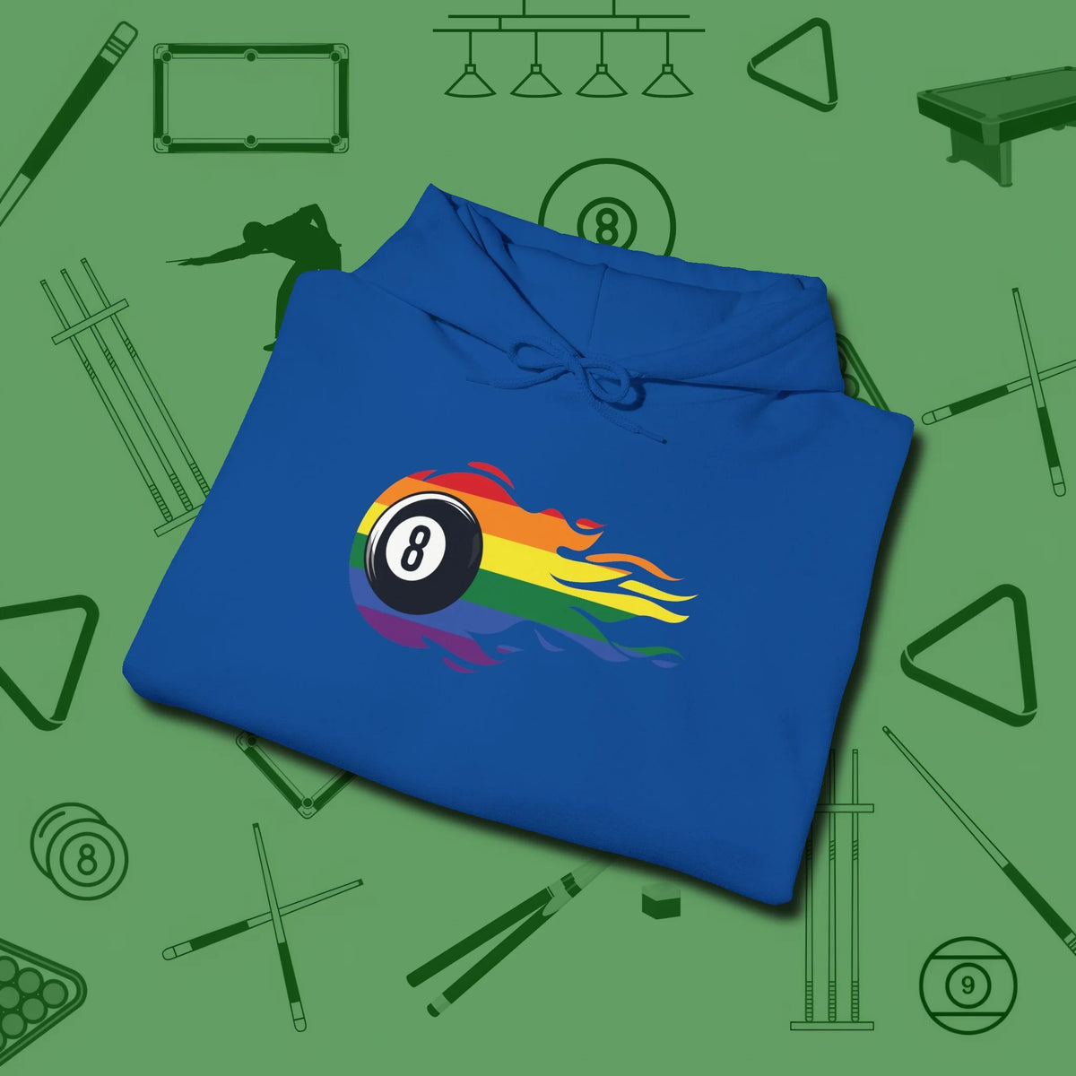 Eight Ball Rainbow Fire Hoodie, folded view, in Royal where cue control meets personal style