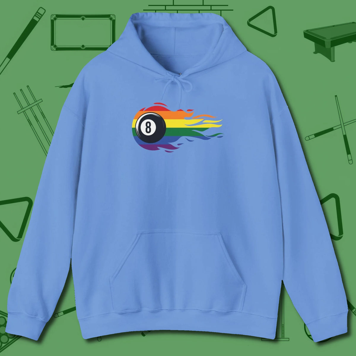 Eight Ball Rainbow Fire Hoodie, front view, in Carolina Blue helps your stroke and your style