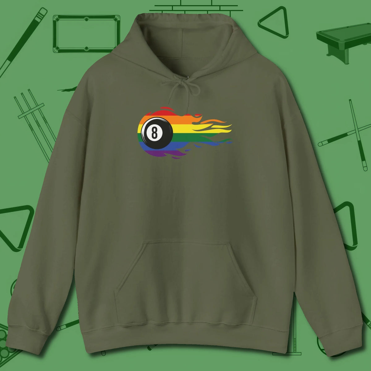 Eight Ball Rainbow Fire Hoodie, front view, in Military Green style that banks as hard as you do