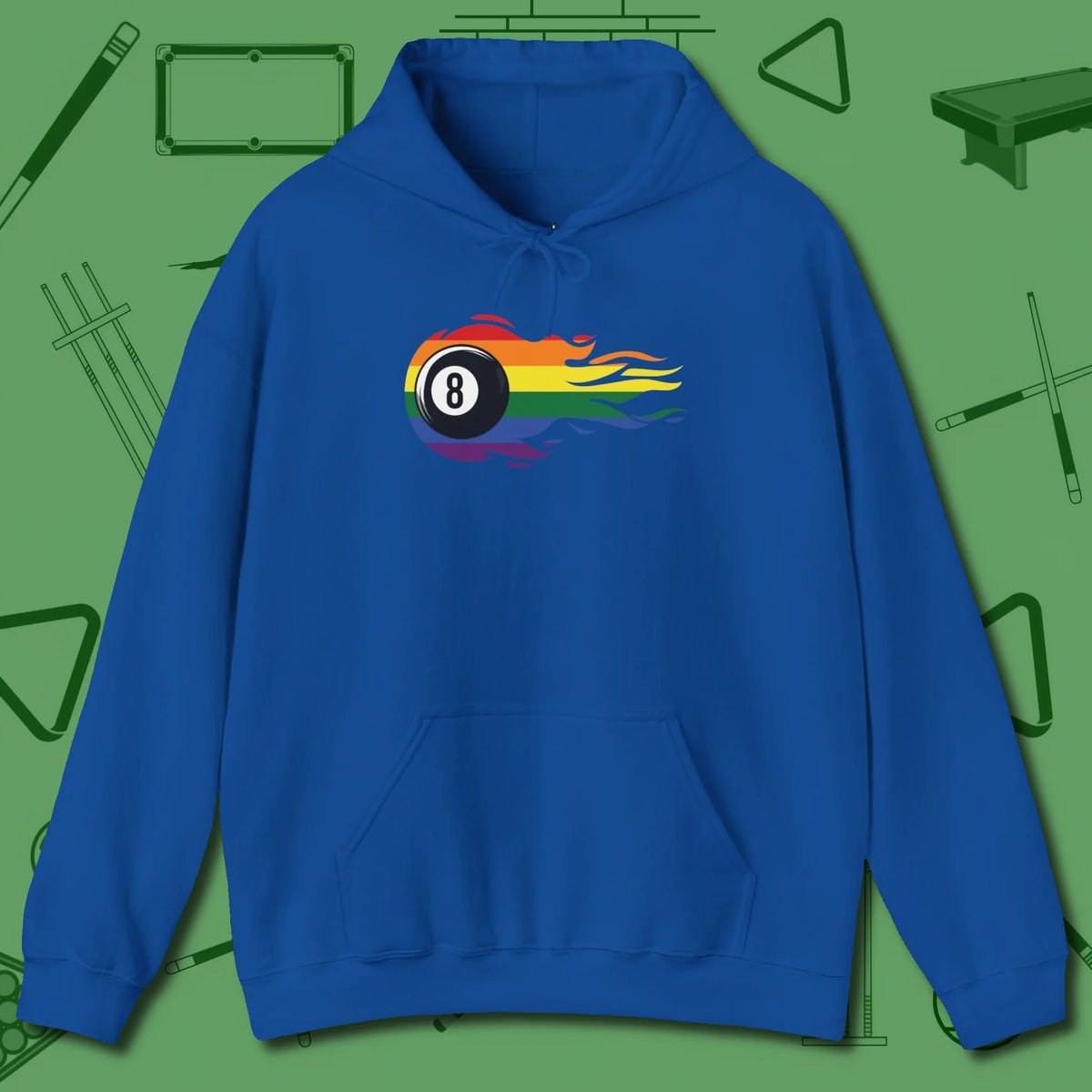 Eight Ball Rainbow Fire Hoodie, front view, in Royal because the table is your battlefield