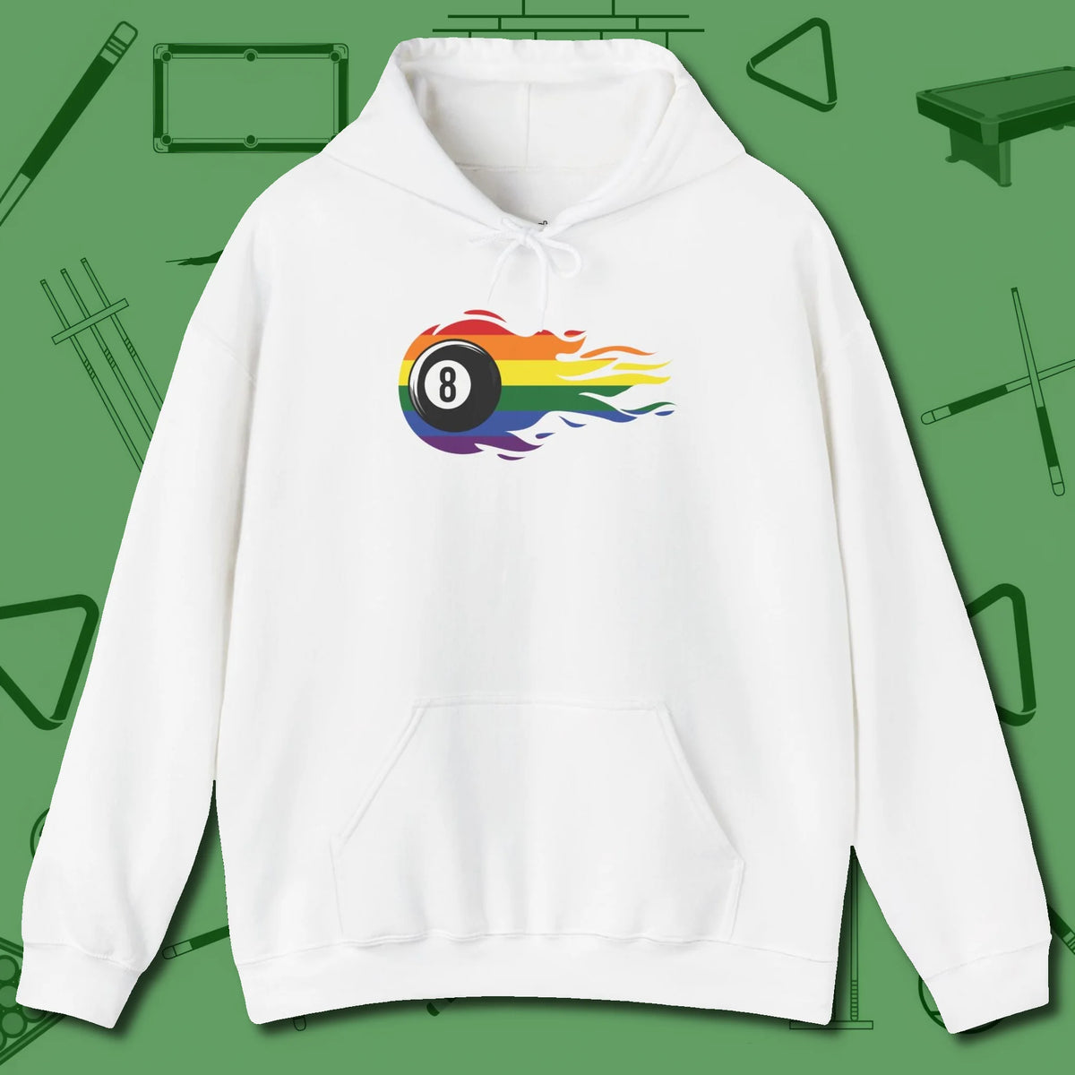 Eight Ball Rainbow Fire Hoodie, front view, in White clean lines for dirty minds