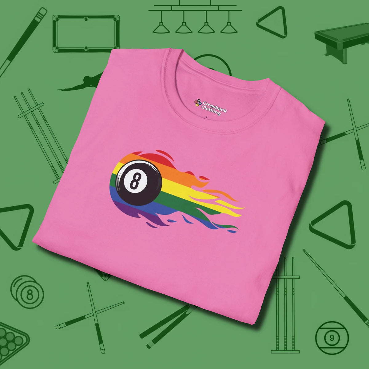 Eight Ball Rainbow Fire T-Shirt, folded view, in Azalea put your best game on display
