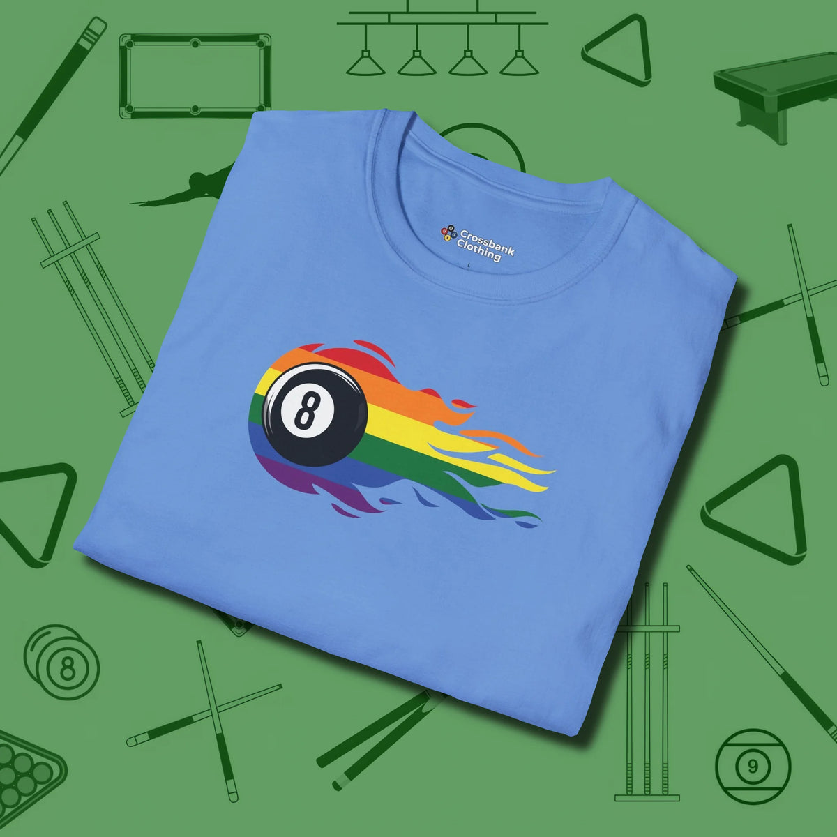Eight Ball Rainbow Fire T-Shirt, folded view, in Carolina Blue because you don’t just play — you represent