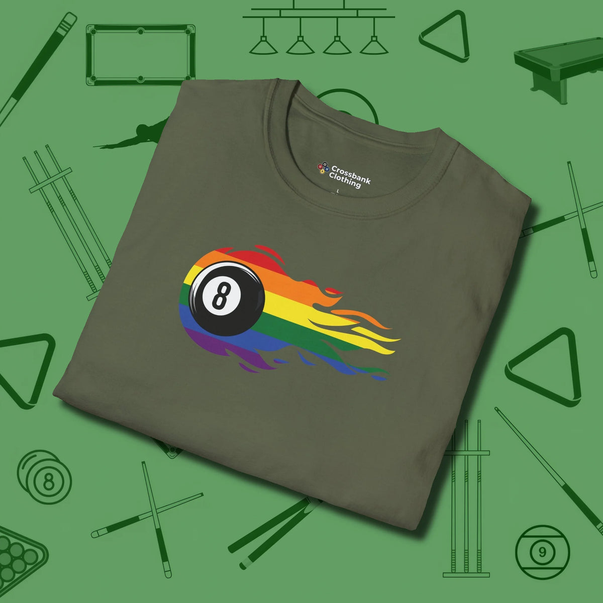 Eight Ball Rainbow Fire T-Shirt, folded view, in Military Green for hustlers who keep it honest