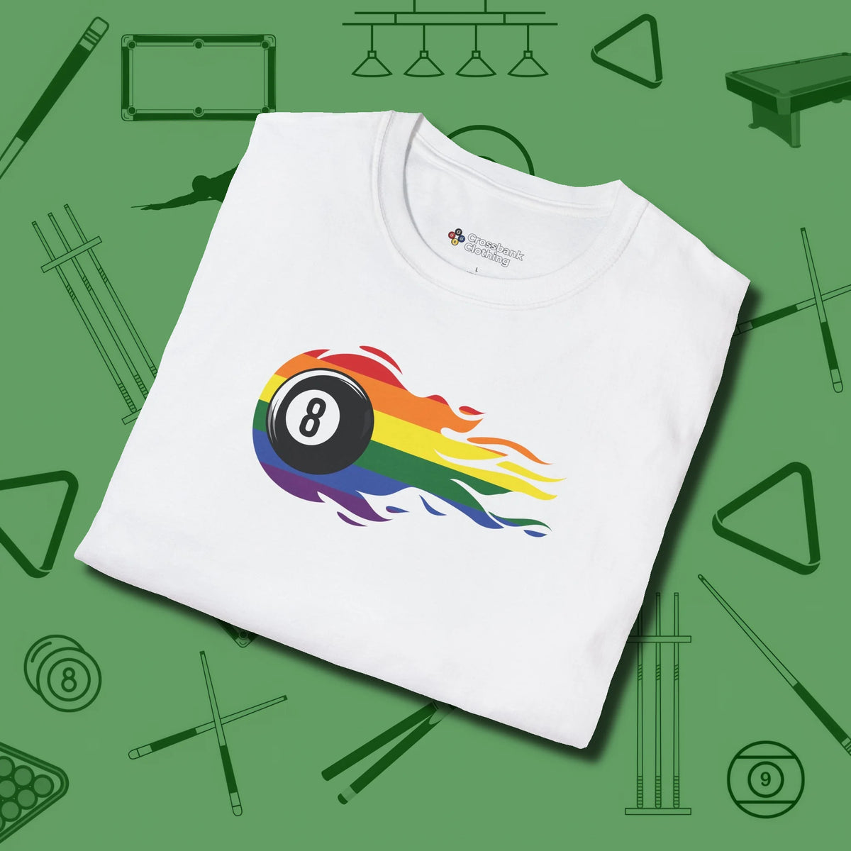 Eight Ball Rainbow Fire T-Shirt, folded view, in White your go-to shirt for league night victories