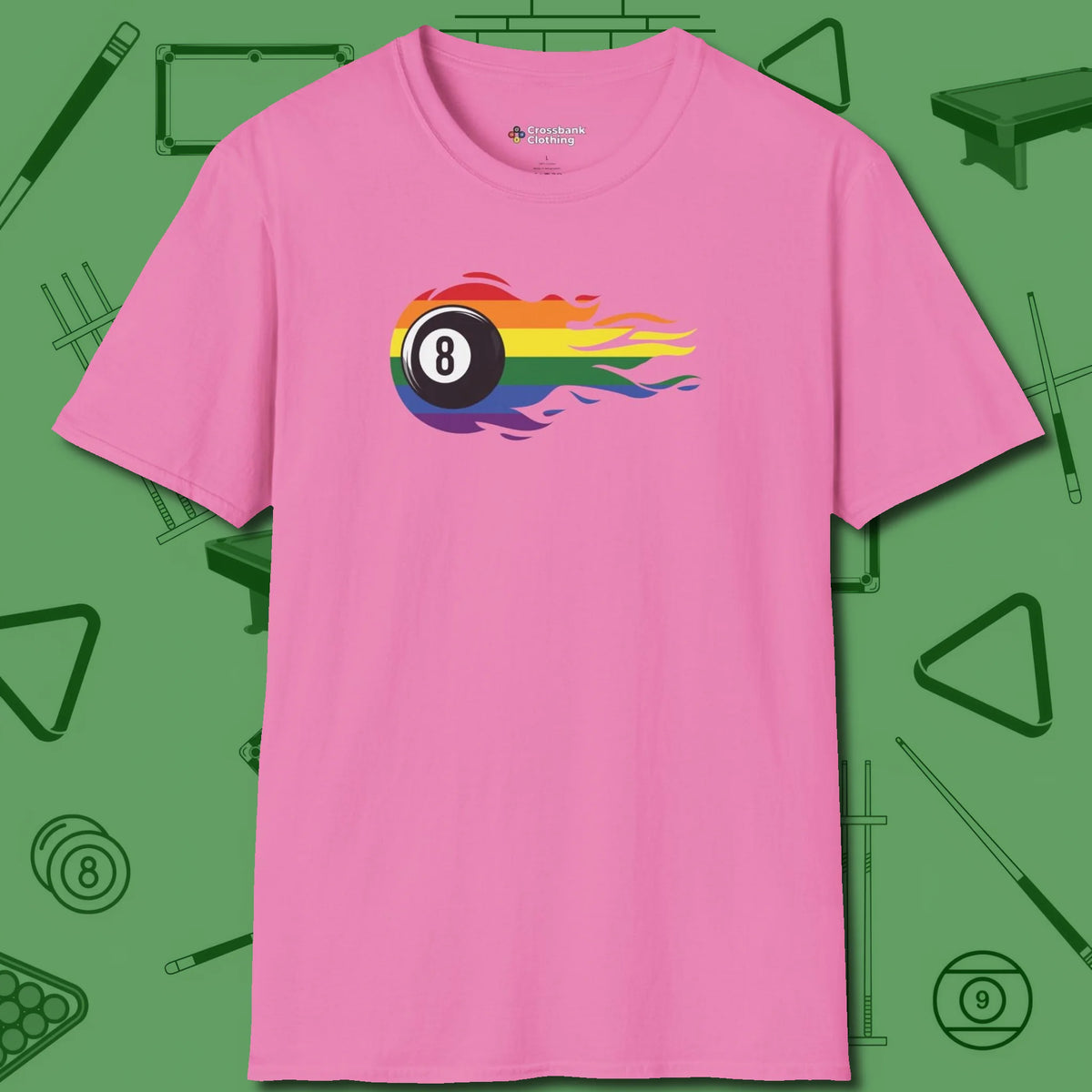 Eight Ball Rainbow Fire T-Shirt, front view, in Azalea table-tested, street-approved style