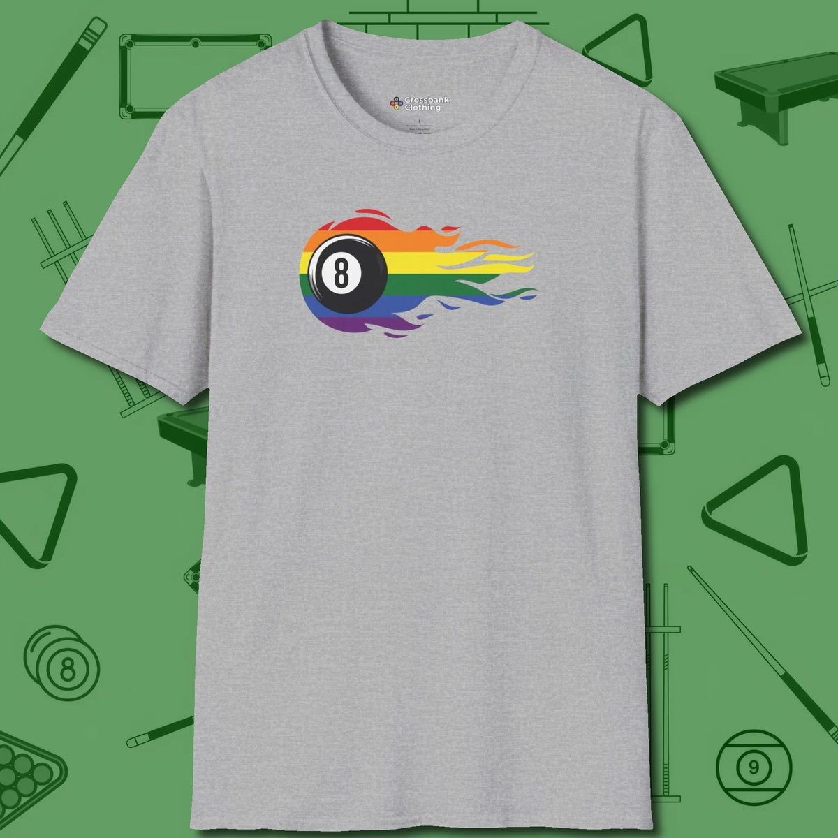Eight Ball Rainbow Fire T-Shirt, front view, in Sport Grey from chalk to clutch, look the part