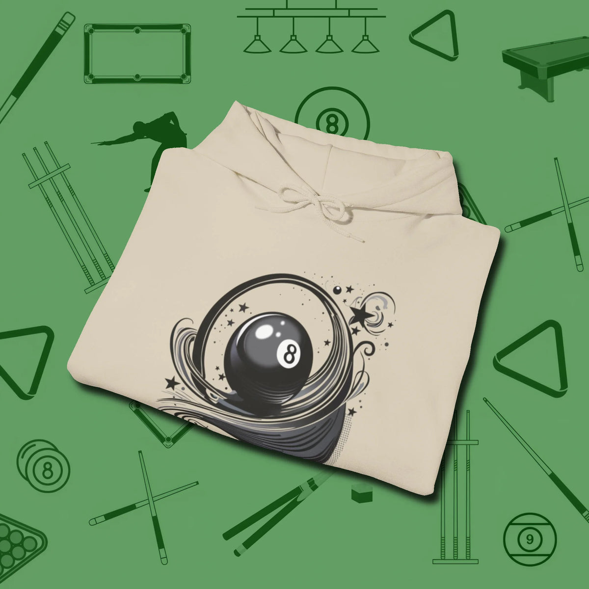 Eight Ball Ribbons & Stars Hoodie, folded view, in Sand precise, confident, always in control