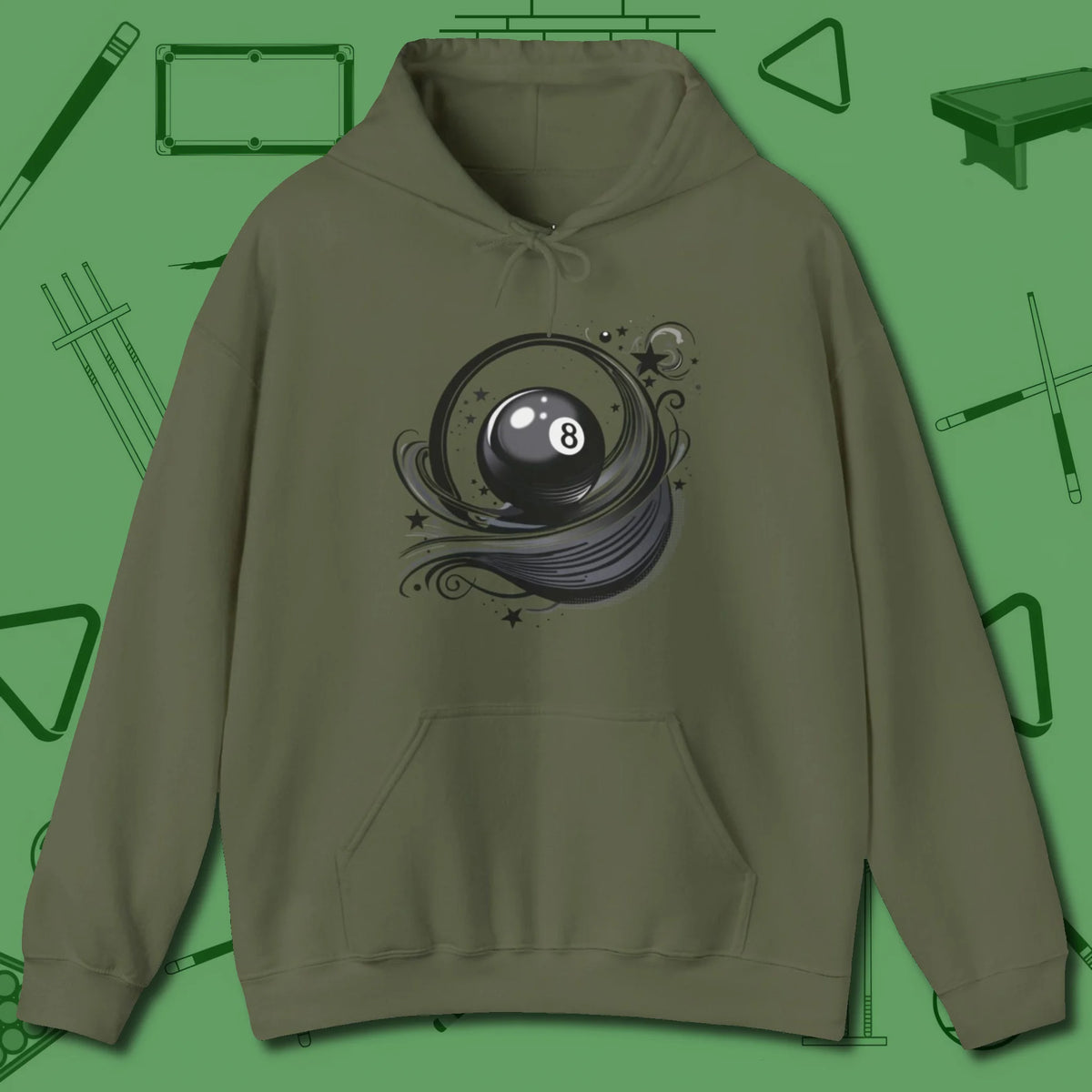 Eight Ball Ribbons & Stars Hoodie, front view, in Military Green the shirt that plays position
