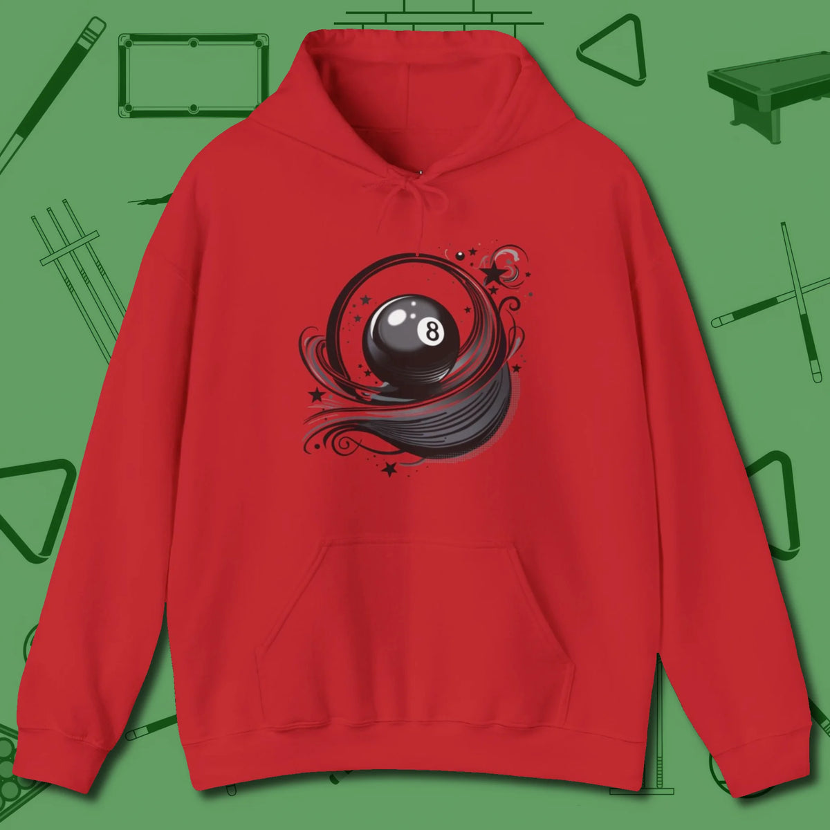 Eight Ball Ribbons & Stars Hoodie, front view, in Red from chalk to clutch, look the part
