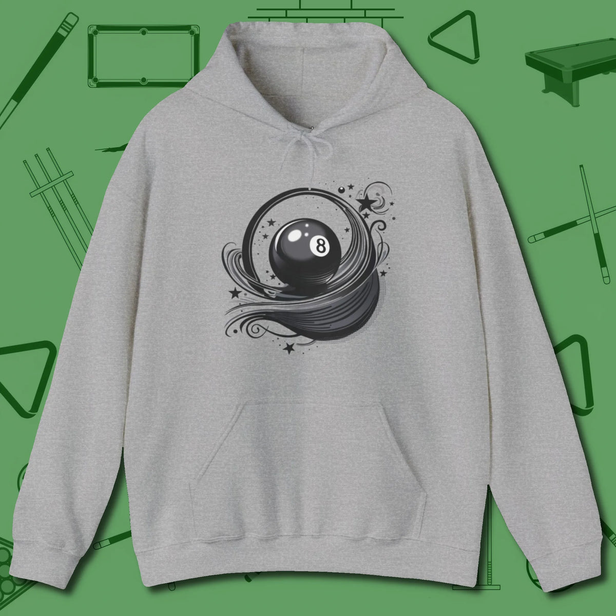Eight Ball Ribbons & Stars Hoodie, front view, in Sport Grey for hustlers who keep it honest