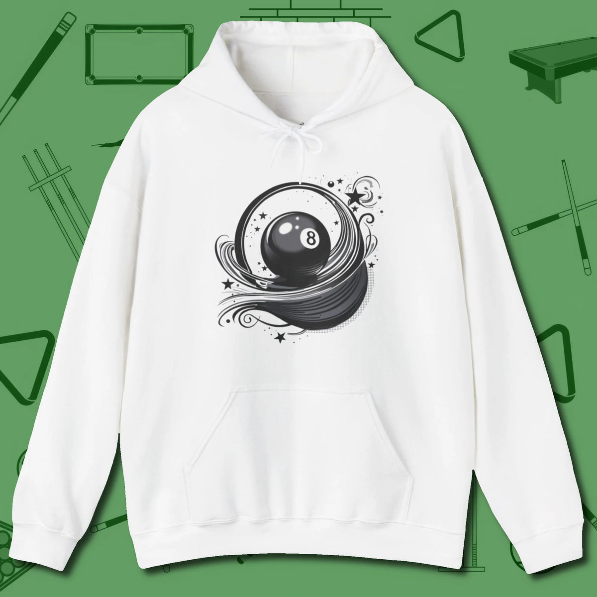 Eight Ball Ribbons & Stars Hoodie, front view, in White confidence stitched in every seam