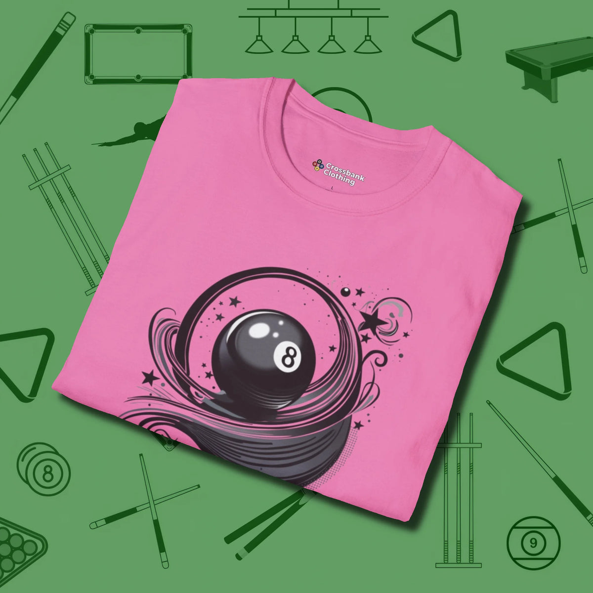 Eight Ball Ribbons & Stars T-Shirt, folded view, in Azalea classic cue style, no gimmicks