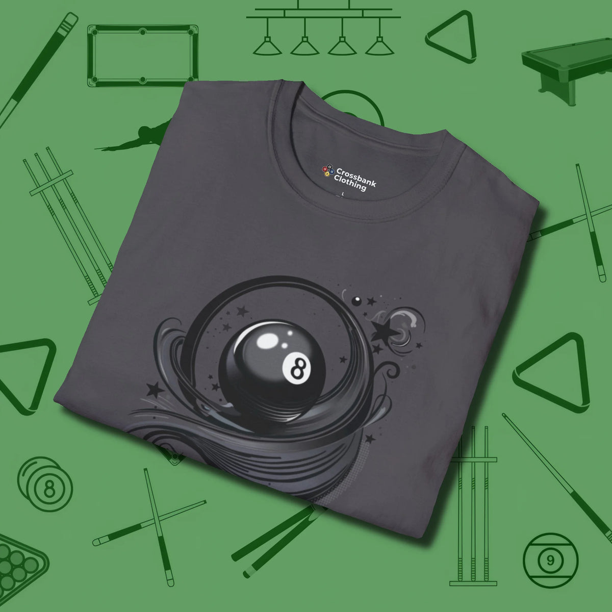 Eight Ball Ribbons & Stars T-Shirt, folded view, in Charcoal cool enough for a corner pocket finish