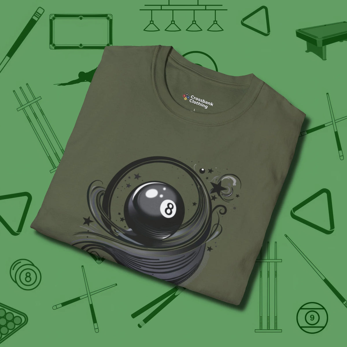 Eight Ball Ribbons & Stars T-Shirt, folded view, in Military Green where cue control meets personal style
