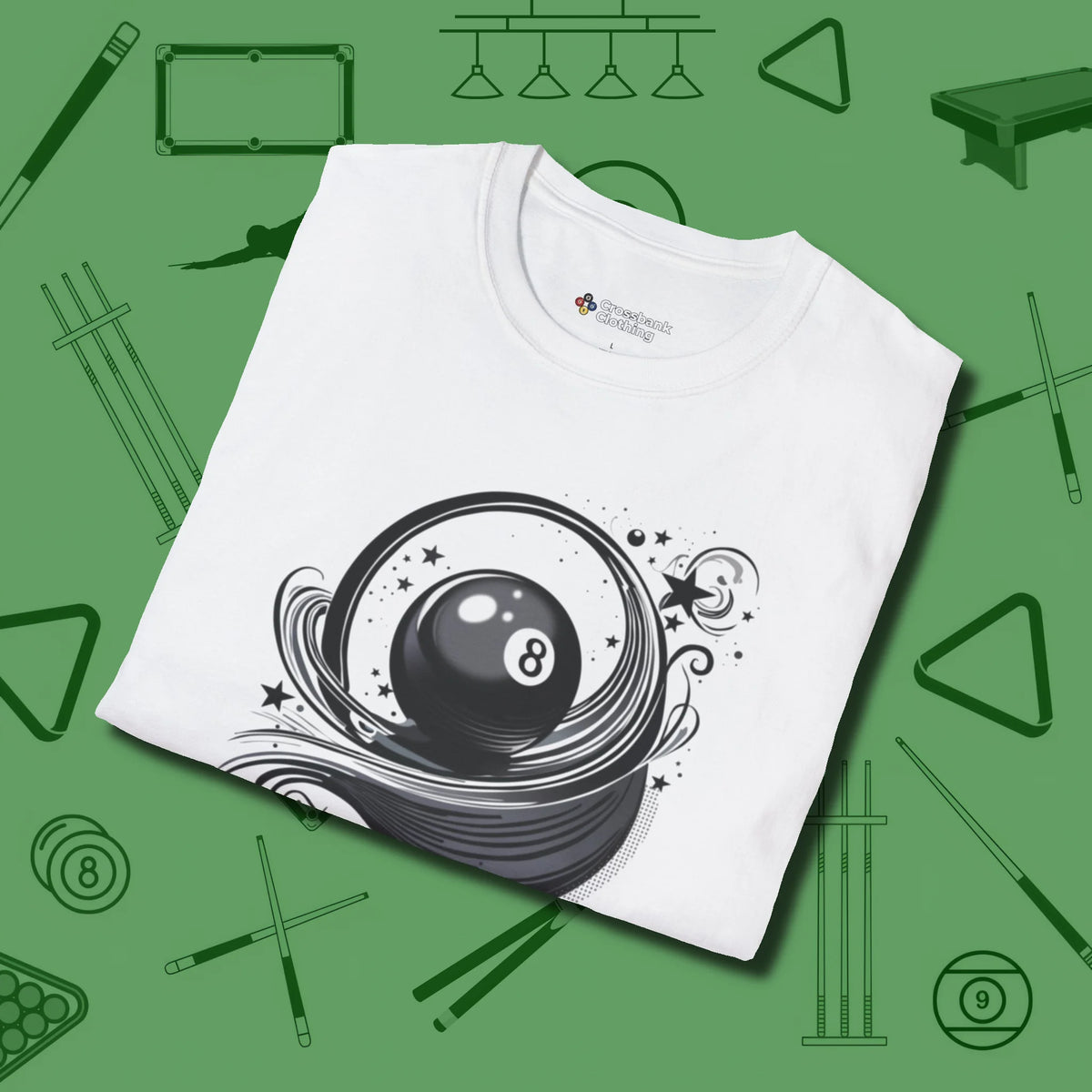 Eight Ball Ribbons & Stars T-Shirt, folded view, in White fashion with break-and-run energy