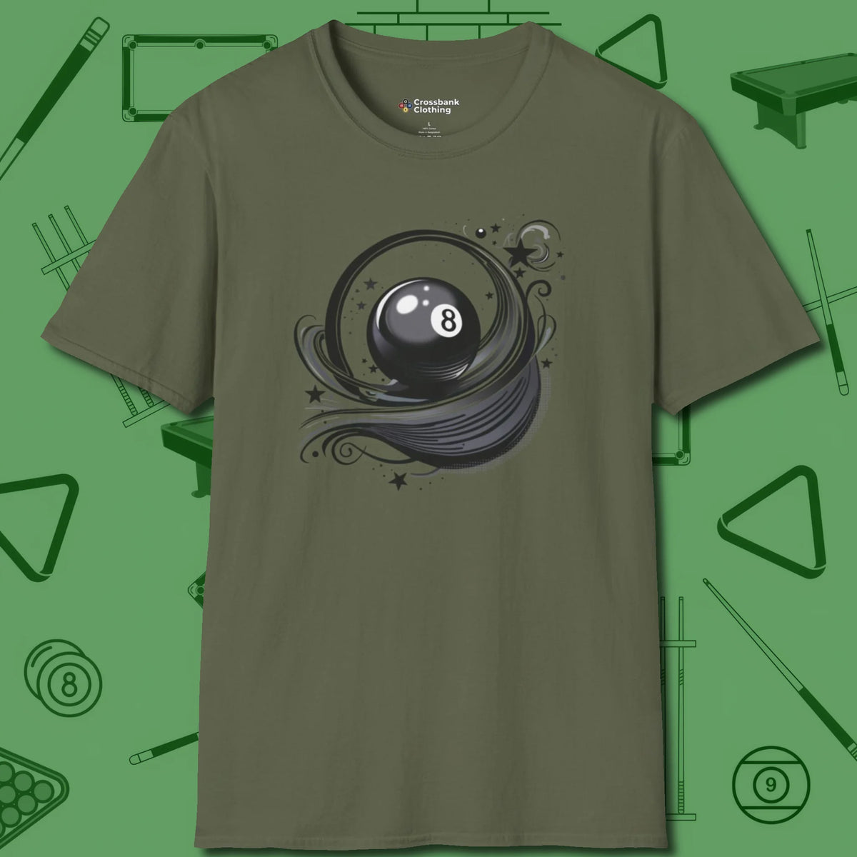 Eight Ball Ribbons & Stars T-Shirt, front view, in Military Green tough like your favorite break cue