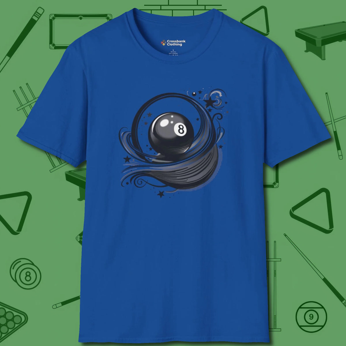 Eight Ball Ribbons & Stars T-Shirt, front view, in Royal earns respect before the first shot