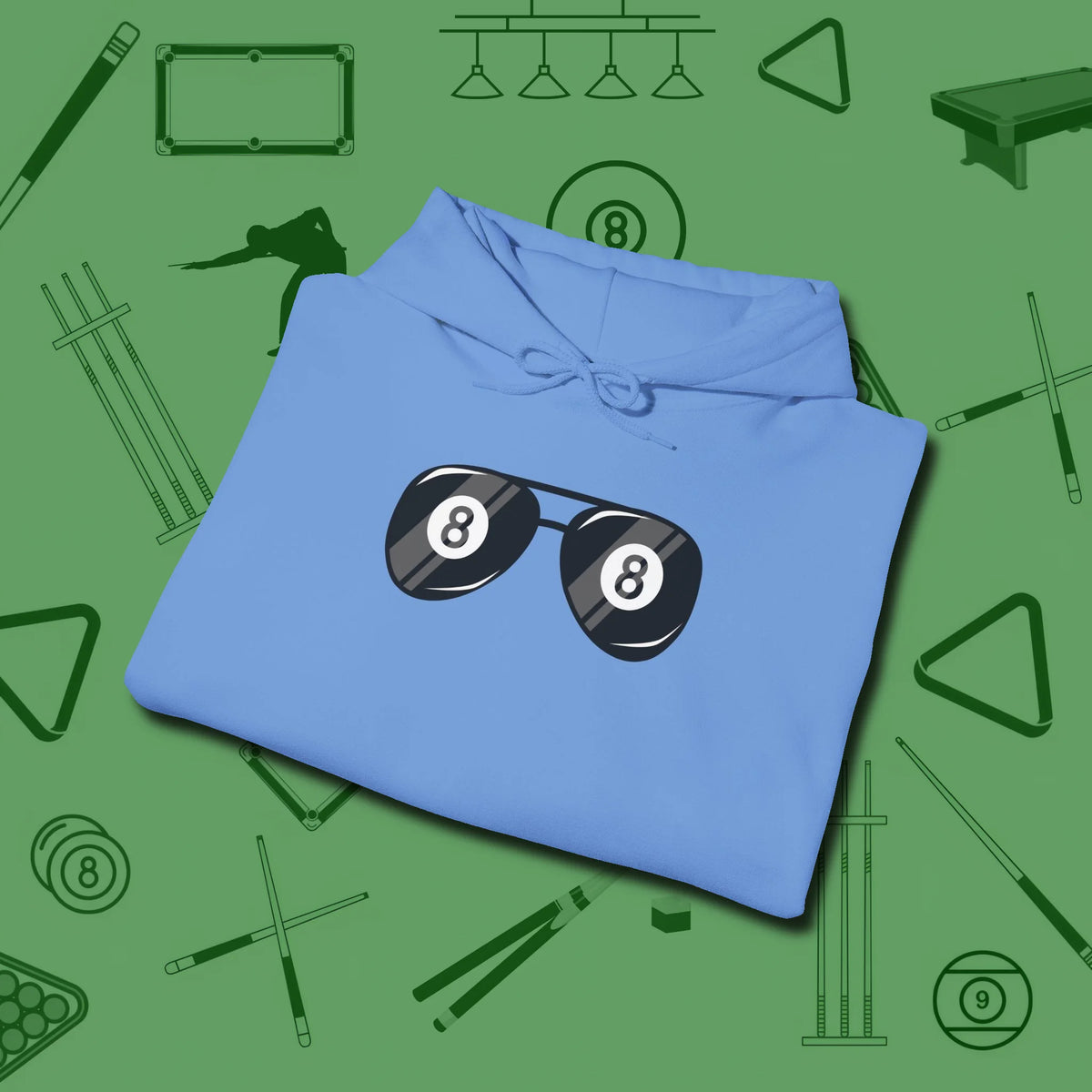 Eight Ball Shades Hoodie, folded view, in Carolina Blue break, run out, turn heads — repeat