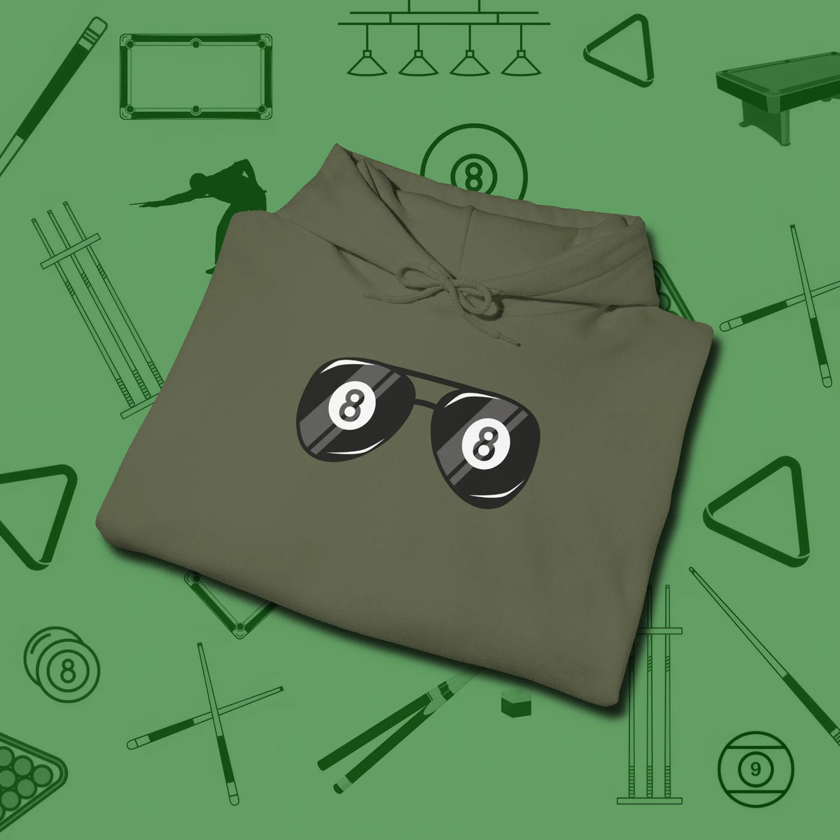 Eight Ball Shades Hoodie, folded view, in Military Green made for pool sharks, not posers