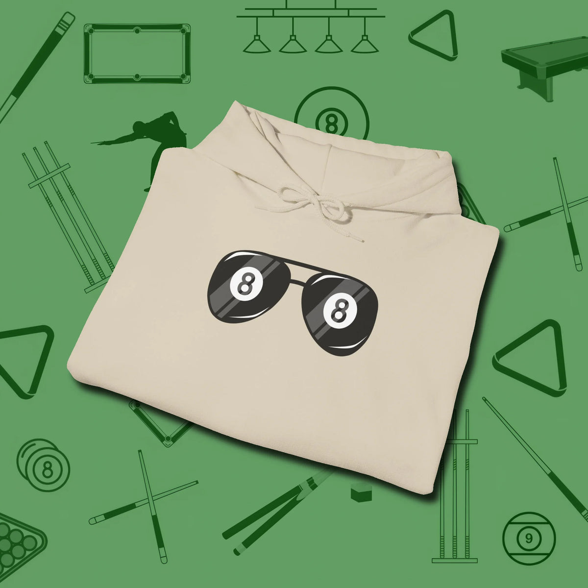 Eight Ball Shades Hoodie, folded view, in Sand where style and cue discipline collide