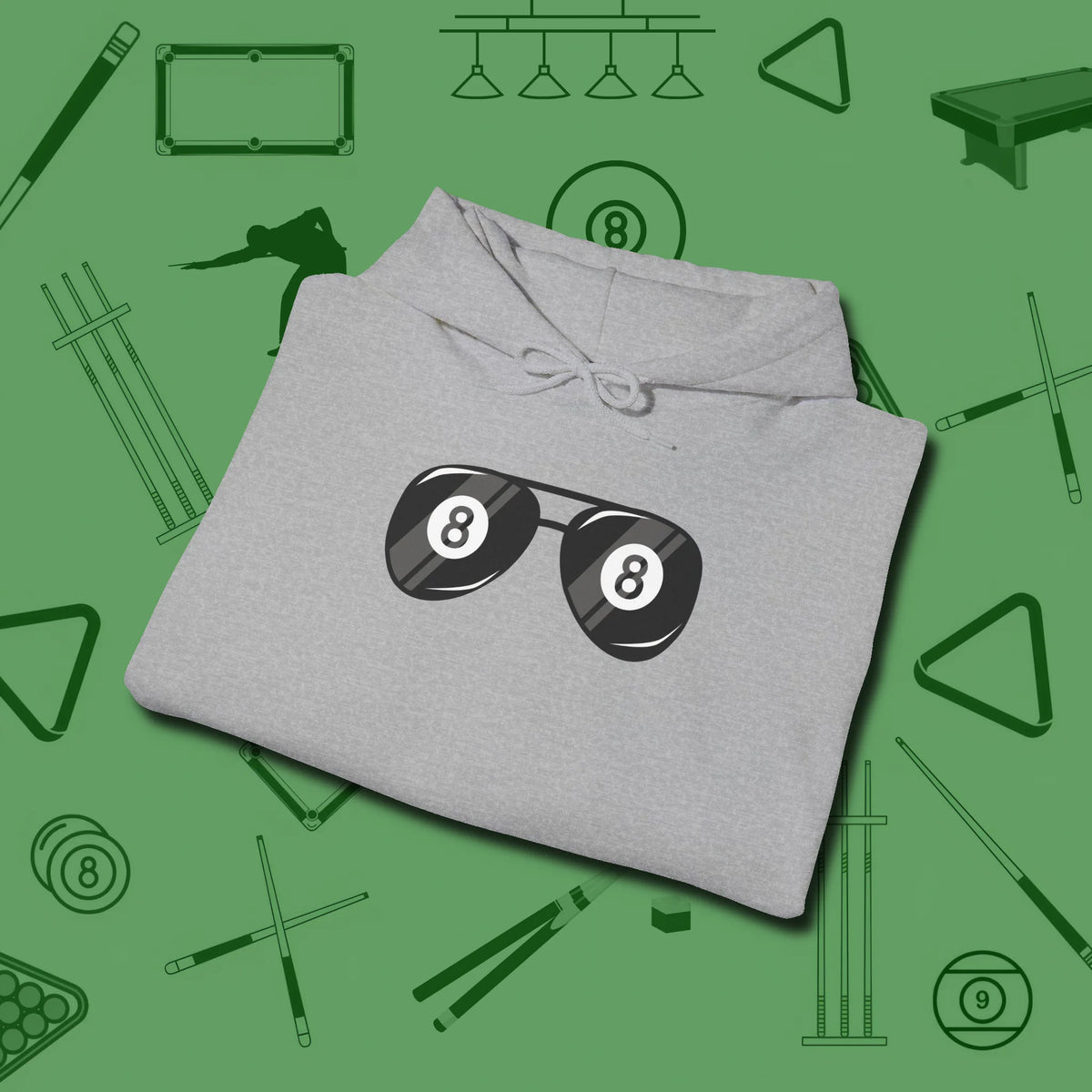 Eight Ball Shades Hoodie, folded view, in Sport Grey an extension of your pool persona