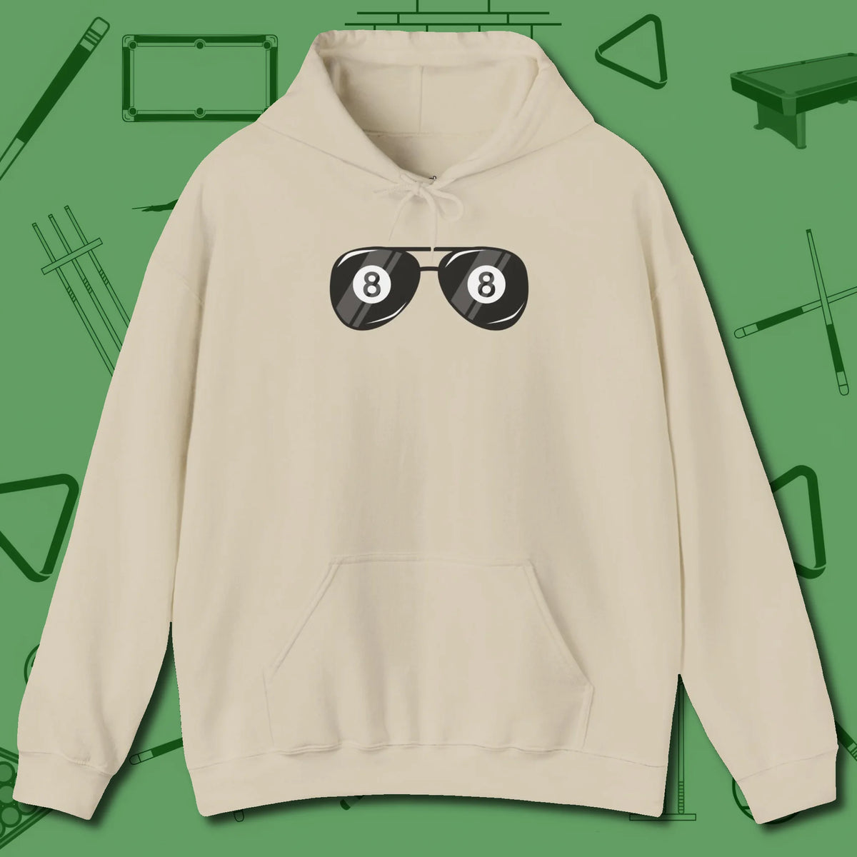 Eight Ball Shades Hoodie, front view, in Sand cool under pressure, hot on the eyes