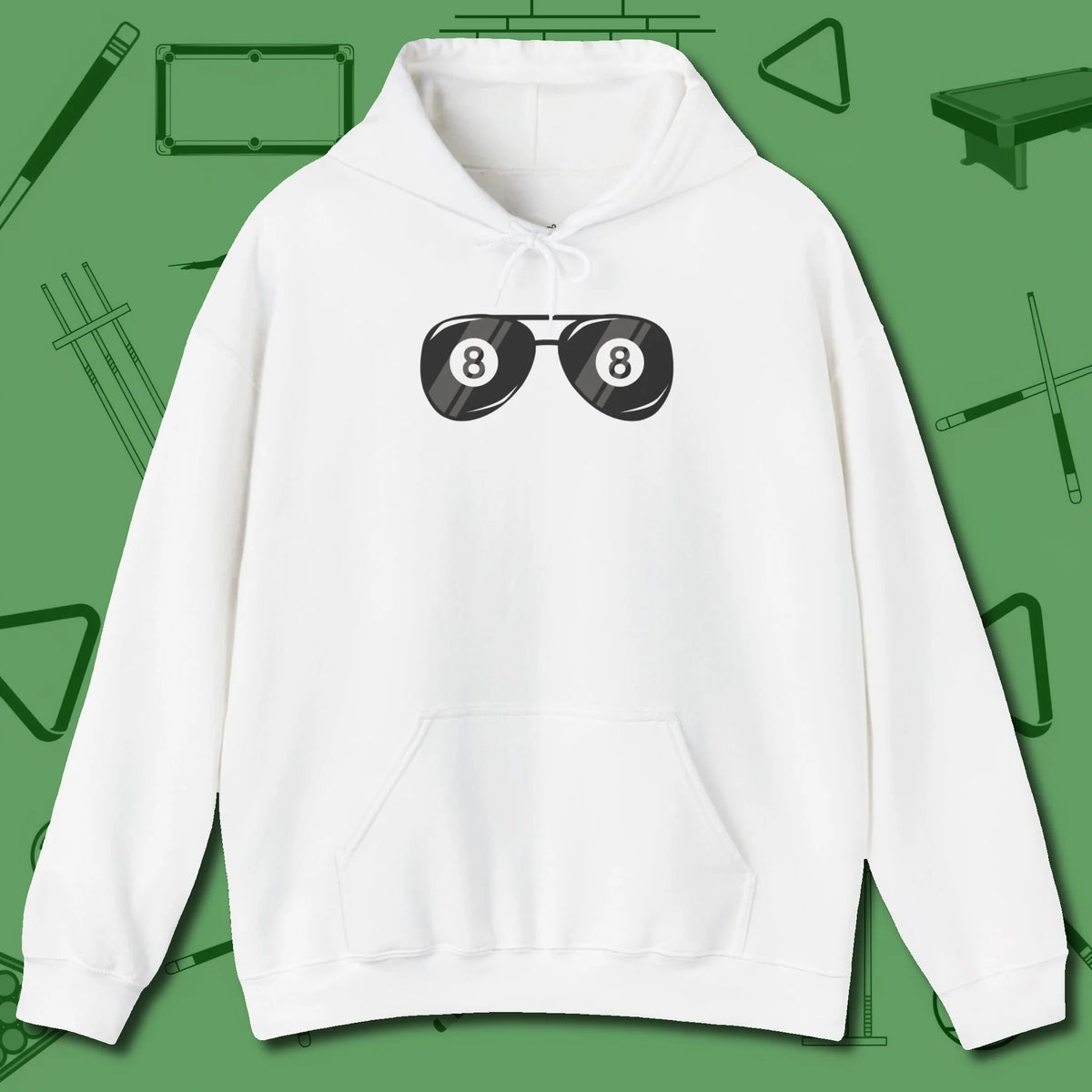 Eight Ball Shades Hoodie, front view, in White as serious as your stroke
