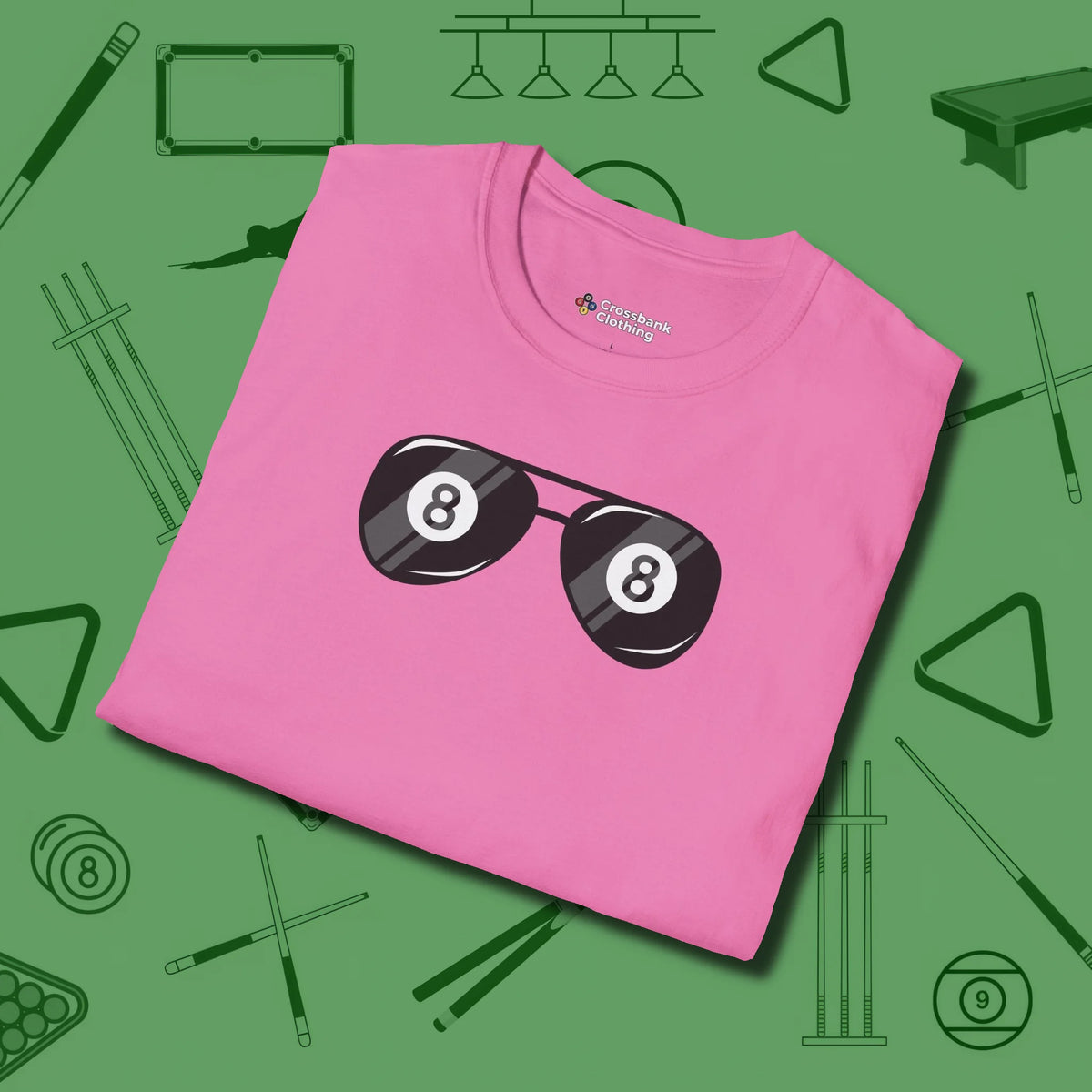 Eight Ball Shades T-Shirt, folded view, in Azalea because the table is your battlefield